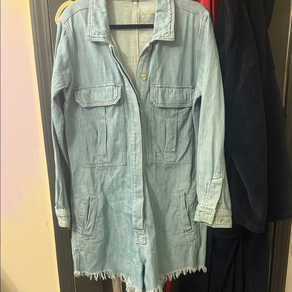 Free People Light Blue Jean Romper with Frayed Hem